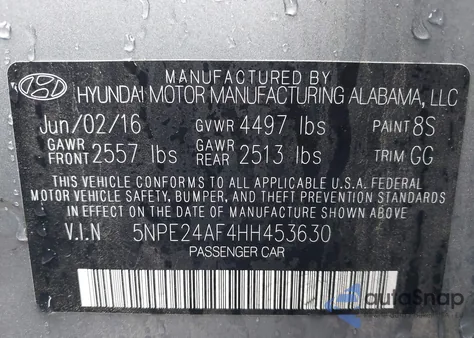 2017 Hyundai Sonata Se from USA, damaged, VIN 5NPE24AF4HH453630